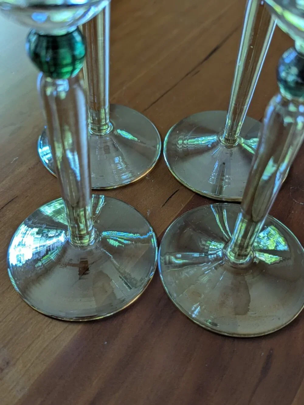 Vintage Pottery Barn Goblets Glasses Iridescent Amber Stem Green Bubble Set of 4